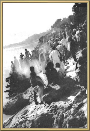 The pyre beside the sacred River Ganges.